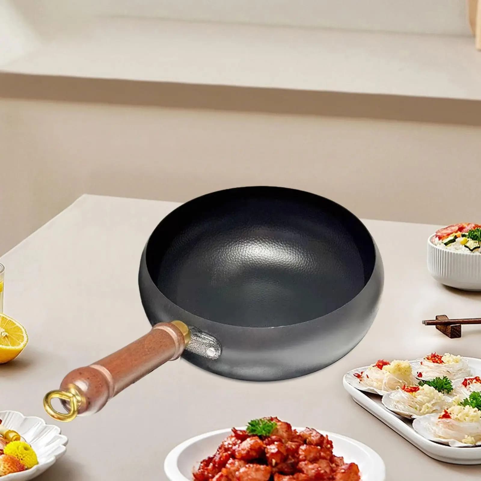 9.45 inch Wok pan with long handle, manual forging iron pan, for domestic camping kitchen