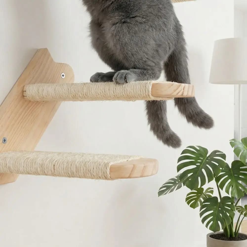 Scaletta per Gatti in Legno Salvaspazio con Corda in Sisal Resistente all'Usura, Scalini per Gatti con Cuscino, Gradini da Parete per Addestramento Animali Domestici
