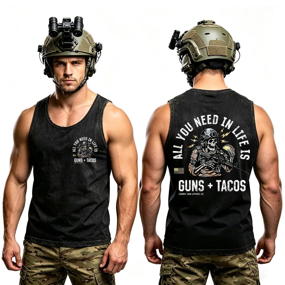 Vintage Washed All You Need in Life Is Tacos Military Skeleton Tank Tops Men's Clothing Casual Oversized Sleeveless Vest T-shirt