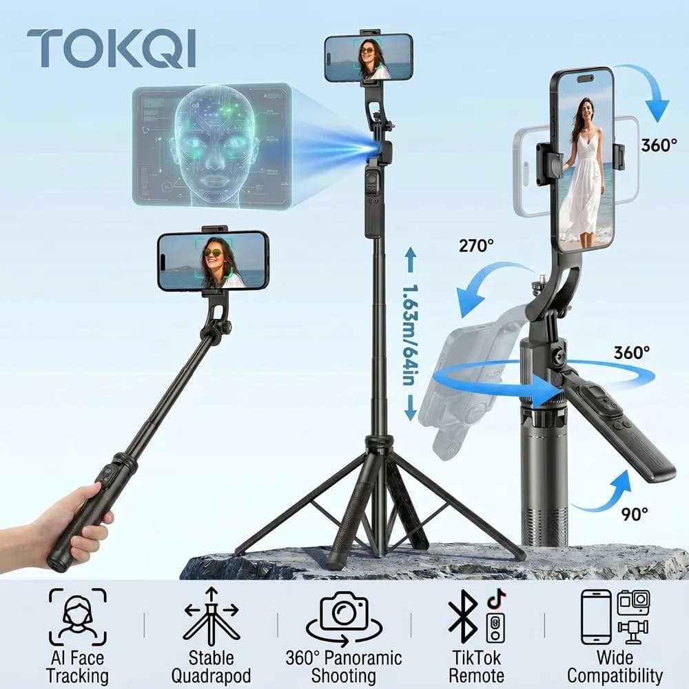 TOKQI AI Asta Selfie con Tracciamento Facciale, Quadripode Anti-Vibrazione 360° ° Telecomando Bluetooth 5.4 per Riprese Panoramiche TikTok, Altezza 1635mm