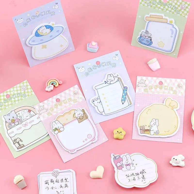 20 Fogli/confezione Blocco Note Adesive Kawaii con Animali, Design Carino Coniglio e Gatto, Blocco Memo per Ufficio, Scuola, Cancelleria