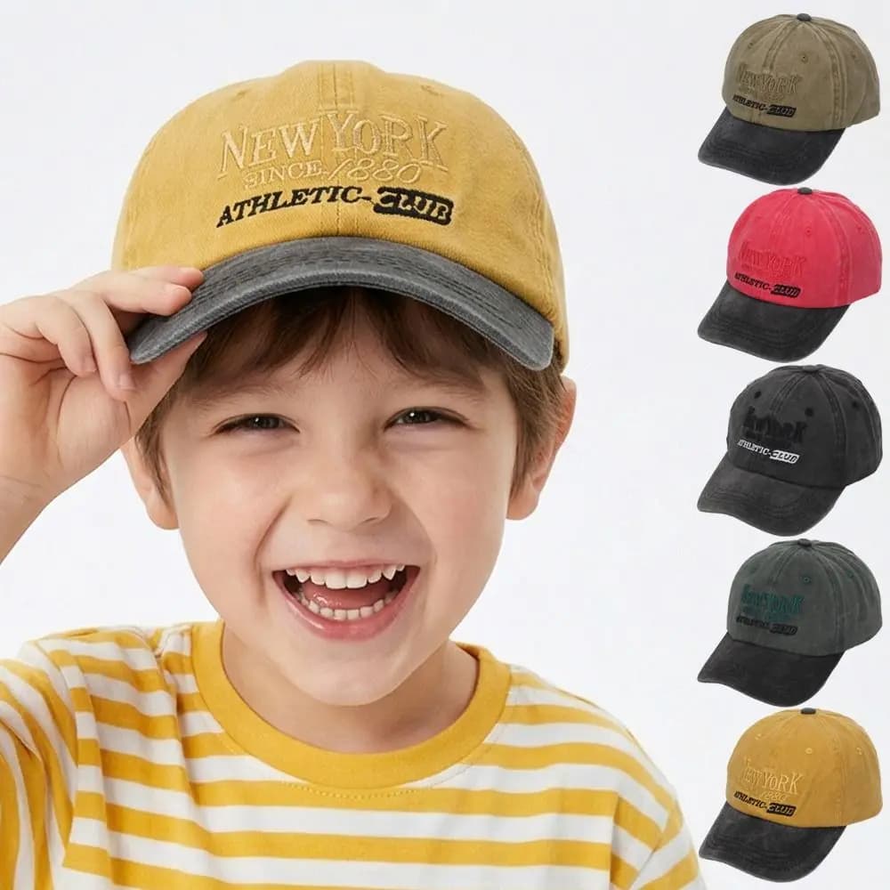 Cappellino da Baseball in Cotone Lavato Ricamato New York, Cappello da Sole Distressed Hip Hop per Bambini, Regolabile, Protezione Solare, Streetwear