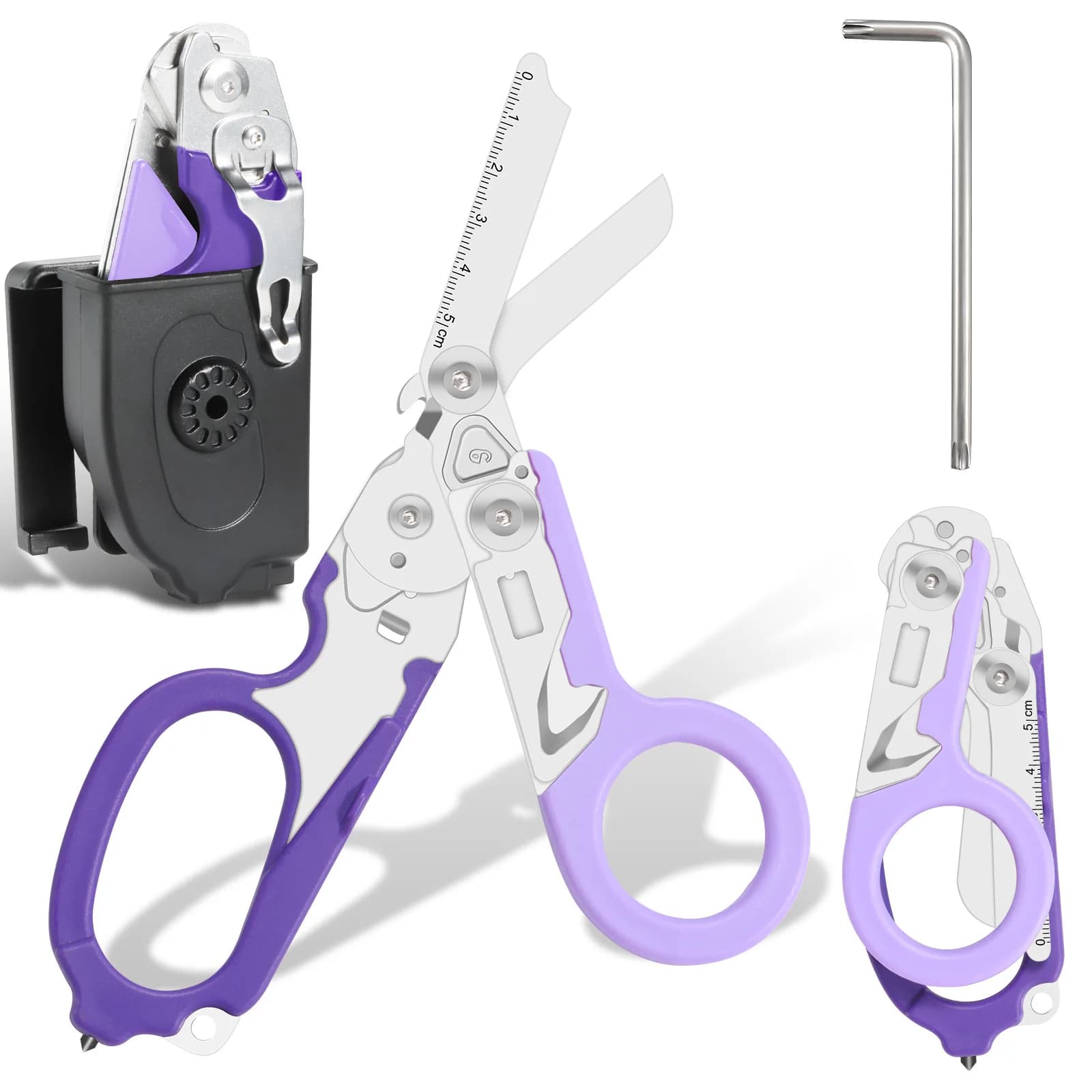 Forbici Pieghevoli Multifunzione 6-in-1 per Esterni con Fodero K, Strumento EDC Portatile per Emergenze, Campeggio, Alpinismo e Sopravvivenza