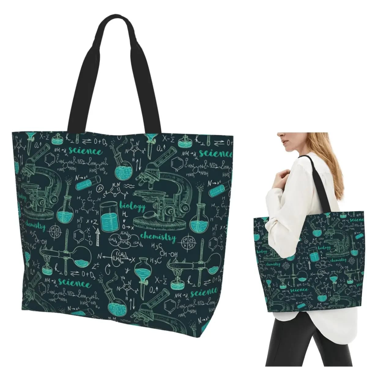 Vecchio laboratorio di chimica con motivo senza cuciture con microscopio, tubi e formule Shopping Tote Bag Borse a tracolla in tela