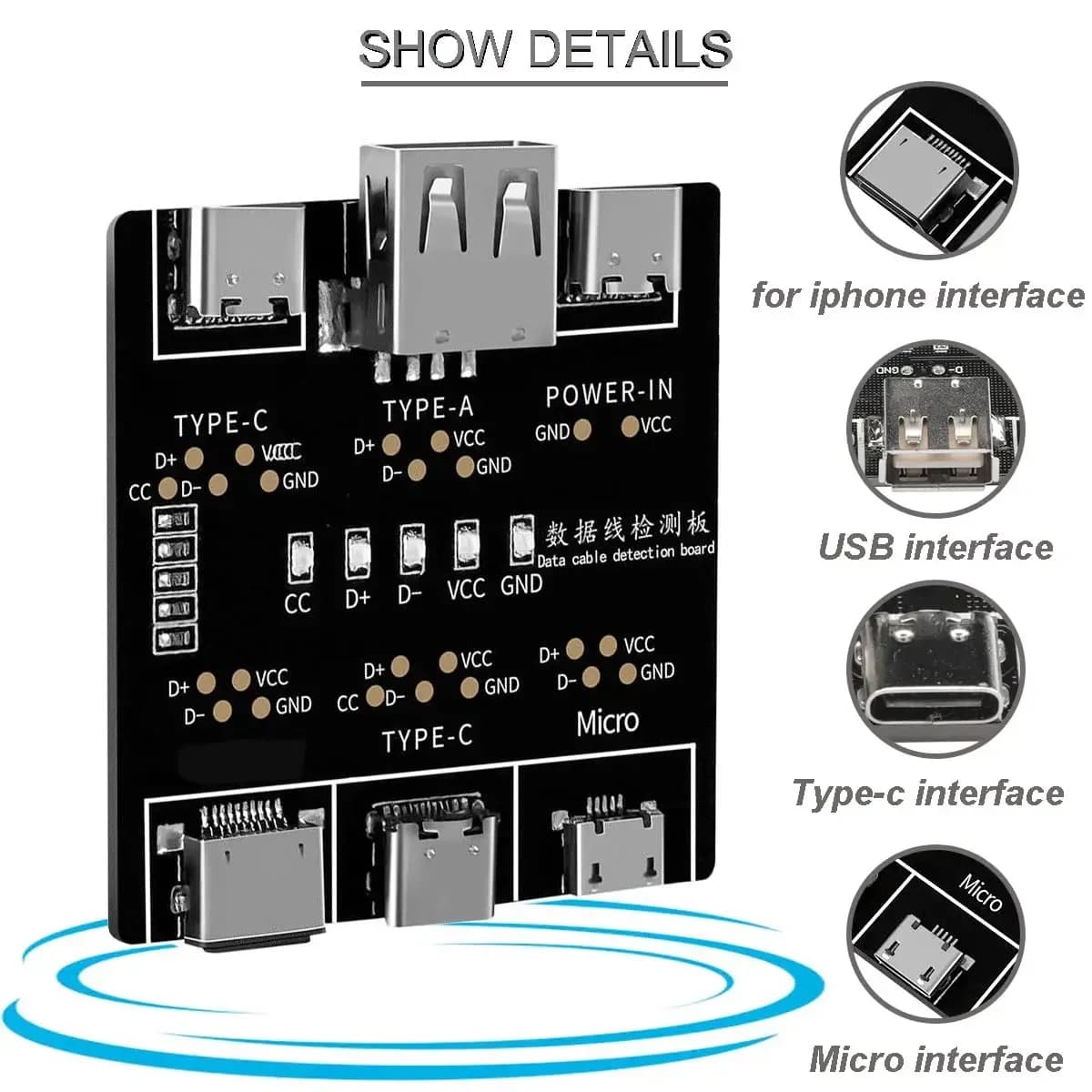Scheda di diagnosi per cavi dati DT3, tester per cavi Type-C e Micro USB C, strumento di diagnosi per cortocircuiti e commutazione On/Off per iOS e Android