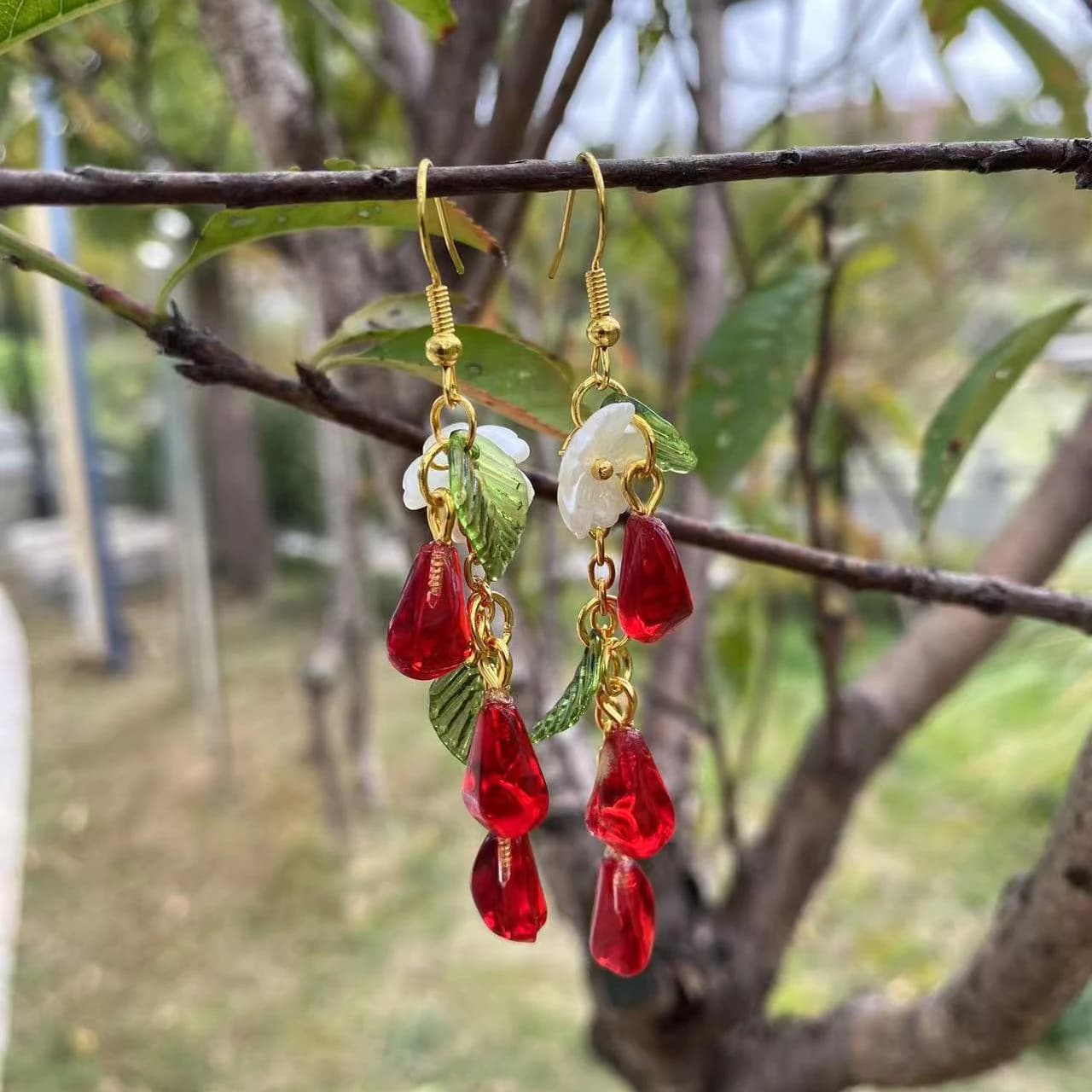 Garden Style Fruit Earrings Red pomegranate seed White flowers