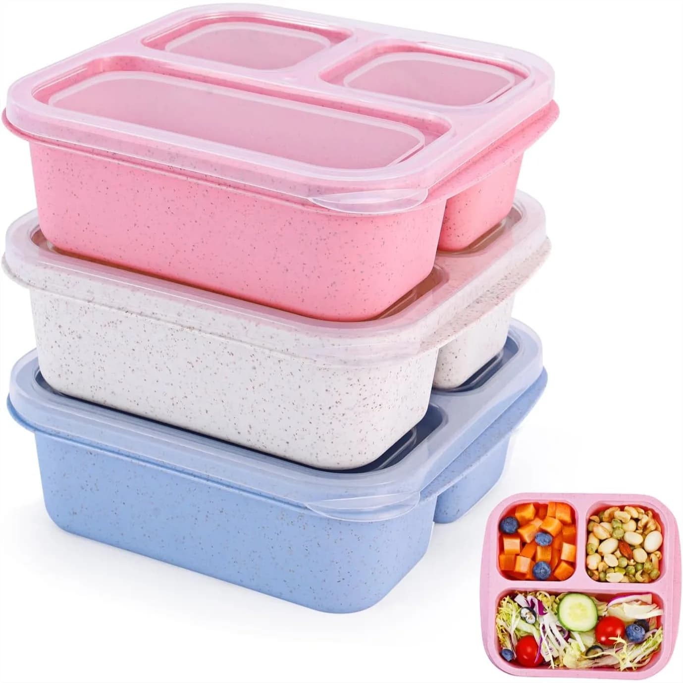 Set di 3 Contenitori Bento con Controllo Porzioni, Contenitori per Snack con 3 Scomparti per Preparazione Pasti, Scuola e Viaggi, Riutilizzabili Senza BPA