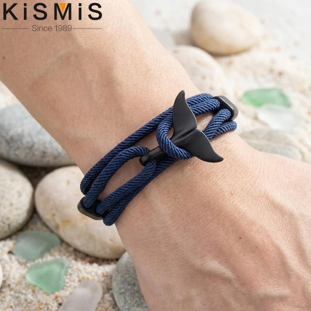 Bracciale con ancora e coda di balena in corda blu navy per uomo e donna, gioiello nautico, regalo alla moda.
