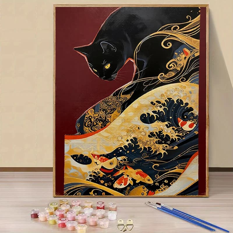 Acrylic Paint By Numbers Black Cat Wavy Goldfish Painting By Numbers on Canvas Coloring By Number for Adults Paint Digital Art