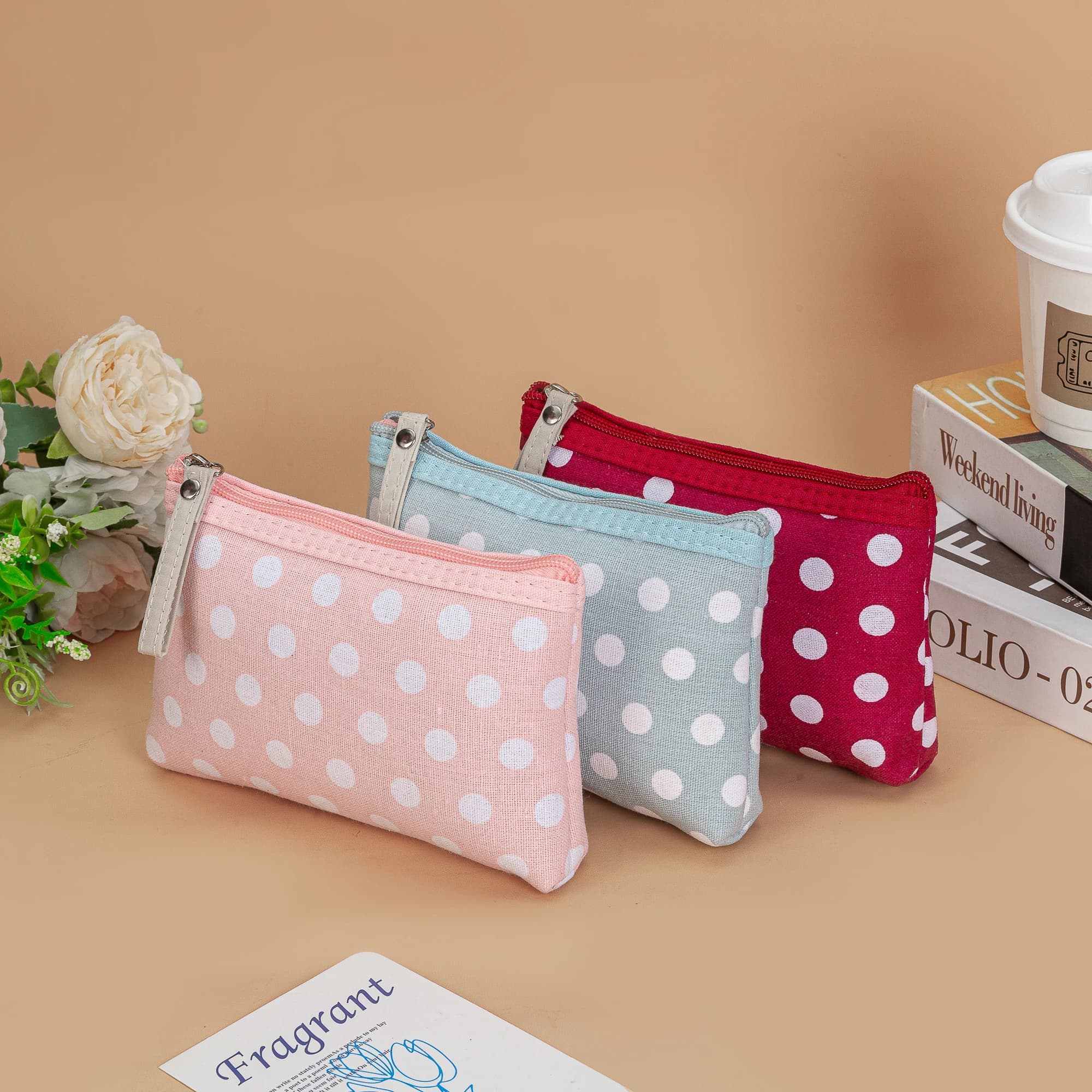Classic Hot Sale polka dot fabric makeup bag for cosmetic bag girl phone keys for waterproof portable hinge washing