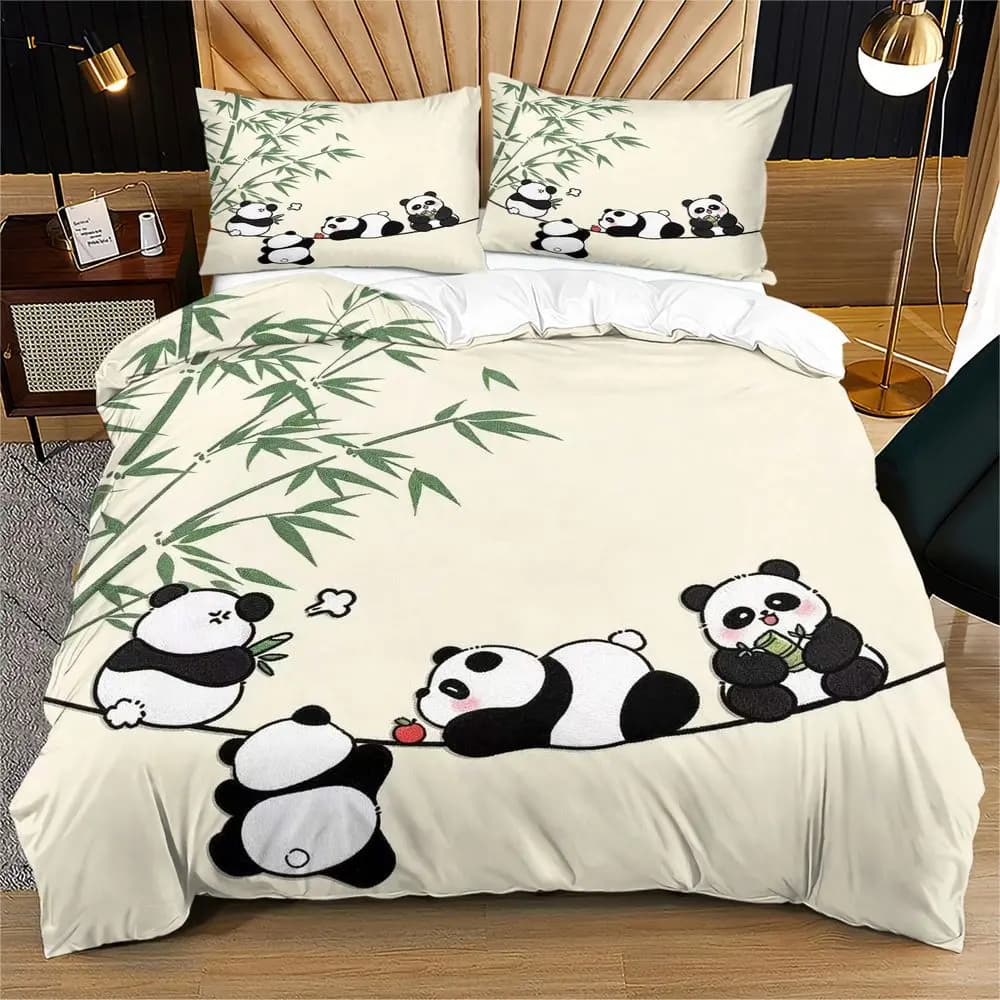 Cute Panda Bamboo Print Duvet Cover Set Comforter Cover Bedding Set No Filler Cartoon Teen Cozy Bedroom Bedding Kit
