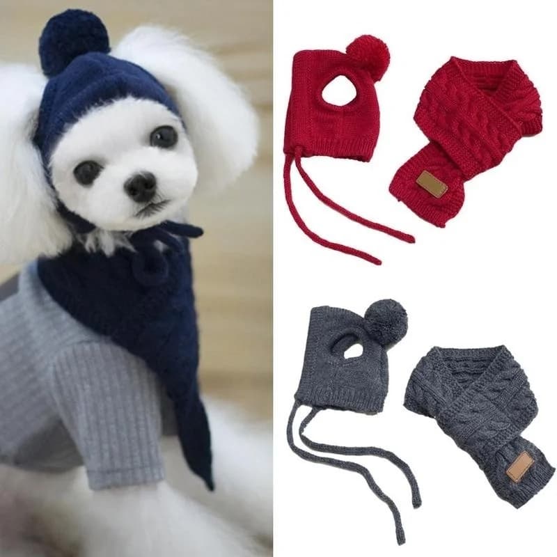 Cappello per cani strisce calde invernali cappello lavorato a maglia + sciarpa collare cucciolo Teddy Costume abiti natalizi Costume da babbo natale