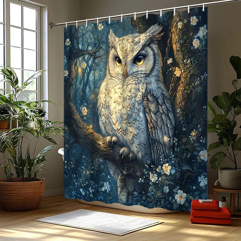 Tenda da doccia con gufo maestoso da 1 pezzo - Foresta incantata, poliestere, 70,8x70,8 pollici, 12 ganci, lavabile, decorazione magica per il bagno