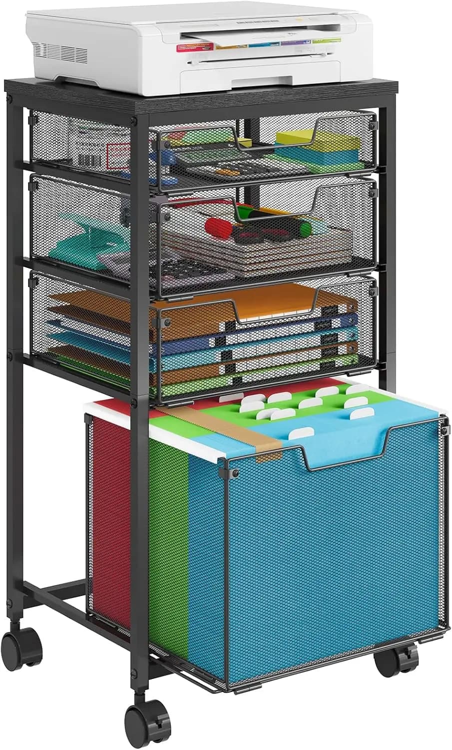Carrello Portadocumenti con 4 Cassetti, Armadietto Porta Documenti per Ufficio Domestico, Organizzatore per Cartelle Sospese con Ruote Sotto Scrivania
