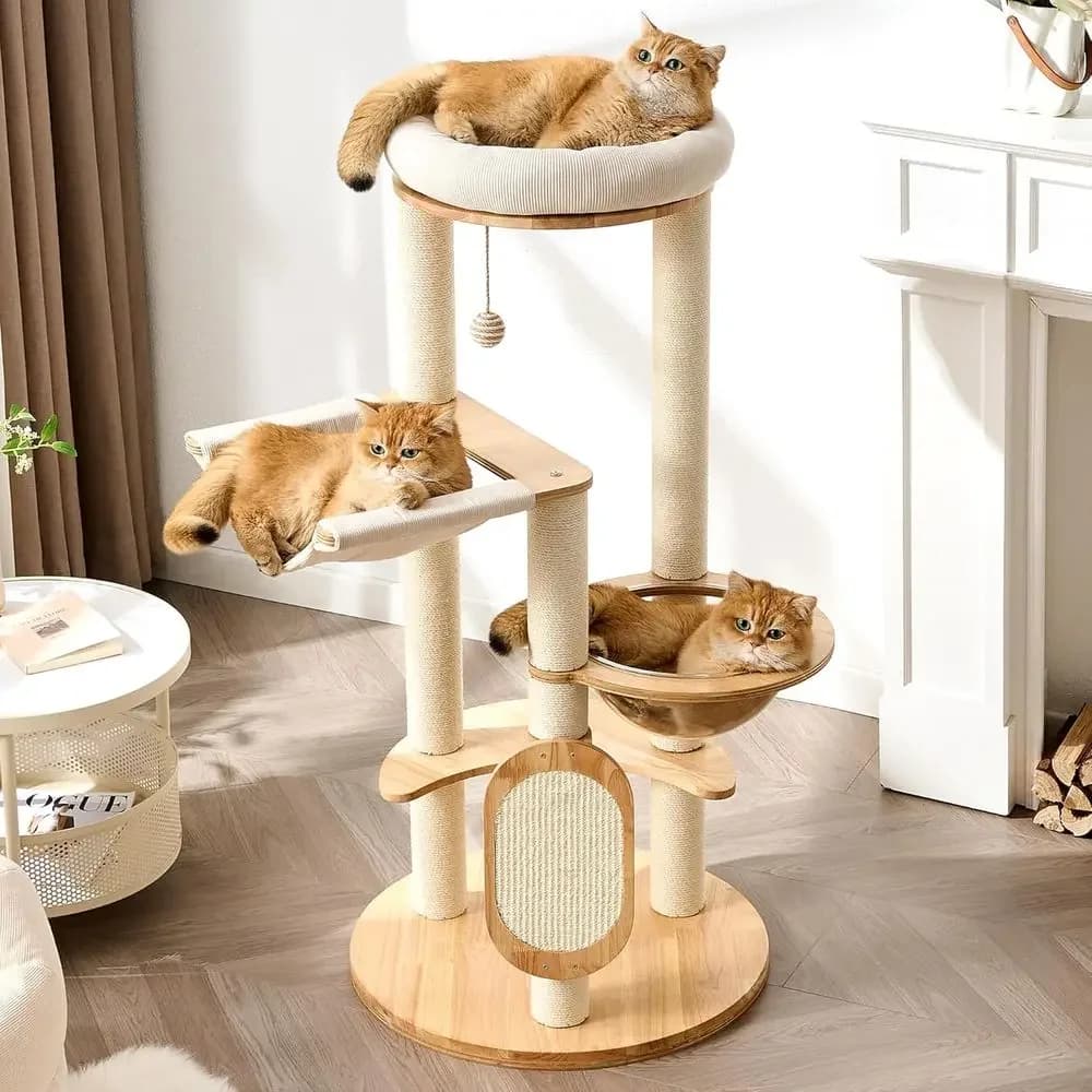 Albero per Gatti in Legno Alto 49 Pollici con Pali in Sisal, Amaca e Tiragraffi per Gatti da Interno