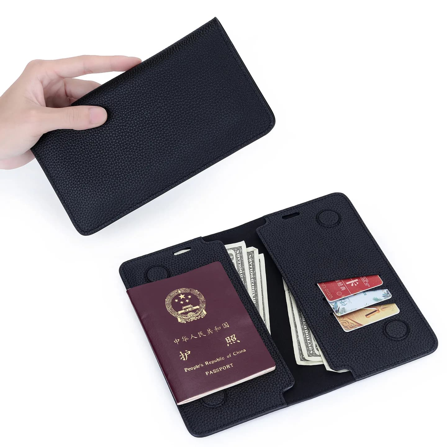 Porta Passaporto in Vera Pelle Martellata - Portafoglio da Viaggio con Chiusura Magnetica e Scomparti per Carte, Organizer Sottile per Documenti da Viaggio