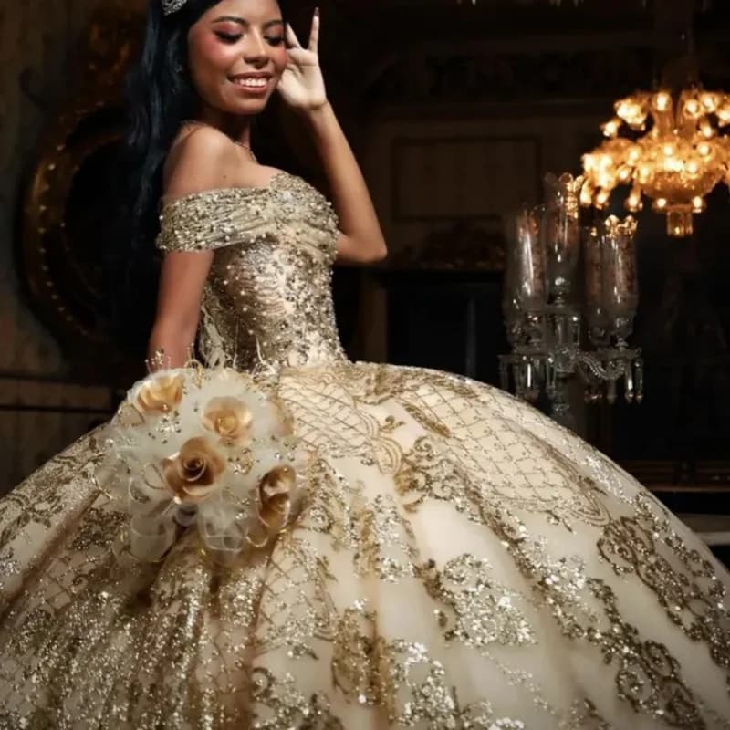 Abiti Quinceanera color champagne lucido personalizzati con spalle scoperte applique con paillettes Coda lunga Vestido 15 Quinceanera
