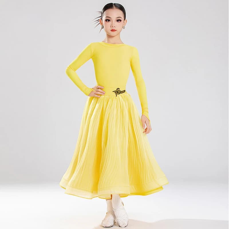 Abito da ballo giallo per ragazza, costume da competizione di danza standard, abito da ballo a maniche lunghe, abito da ballo moderno per bambini, abbigliamento da palcoscenico VDL5053