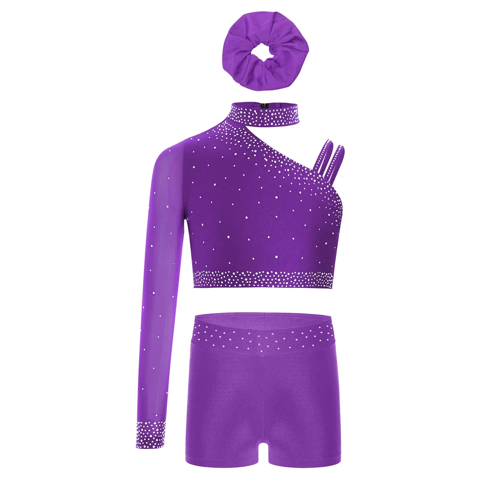 Vestito da ballo jazz per ragazze per bambini Spalla con strass scintillanti Crop Top + Pantaloncini + Fascia per capelli per performance di ginnastica di pattinaggio di figura