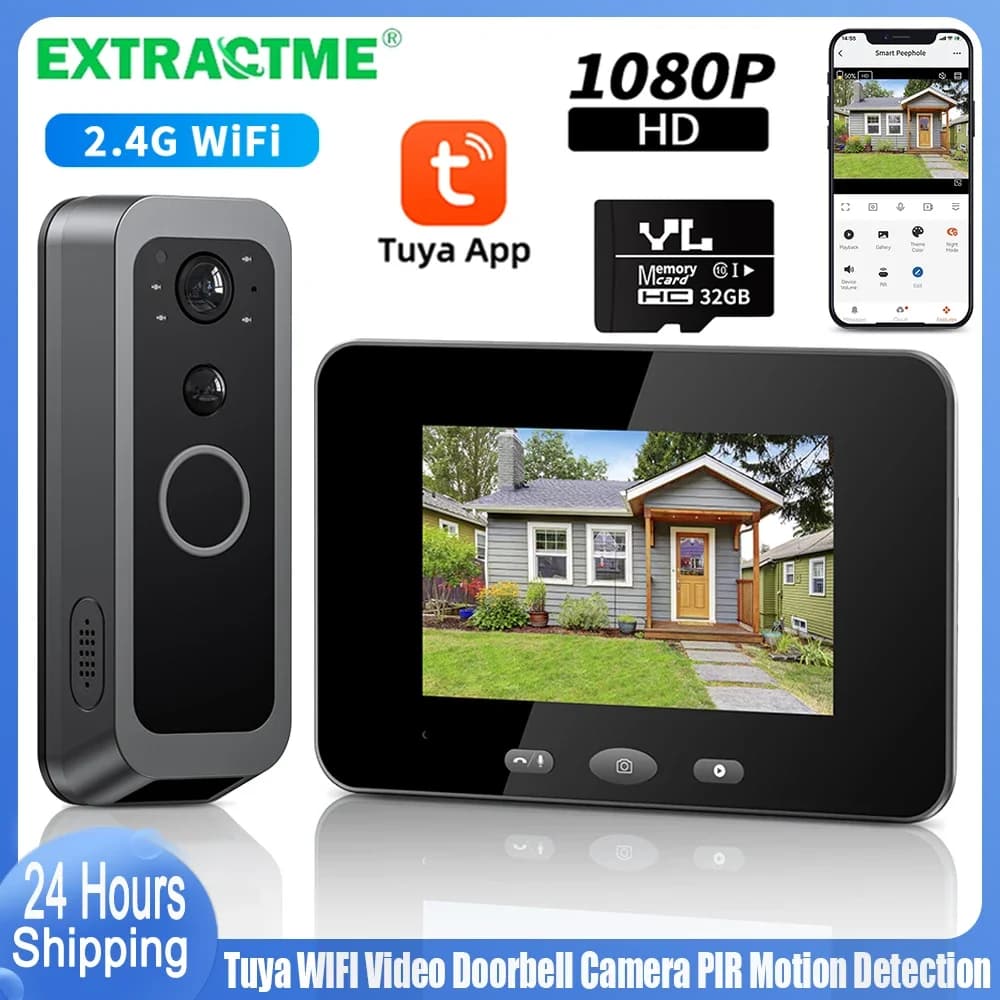 Videocitofono Wi-Fi Extractme Tuya 1080P HD con Visione Notturna PIR, Rilevamento Movimento, Telecamera Spioncino e Audio Bidirezionale