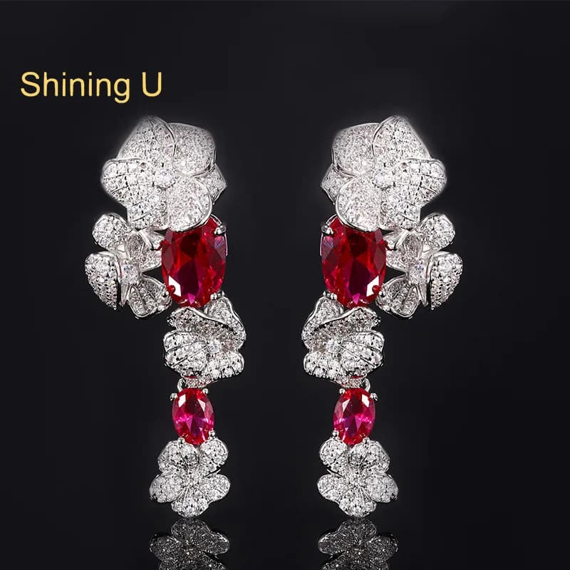 Shining U Orecchini pendenti floreali di lusso con rubino smeraldo per feste di gioielli di moda da donna