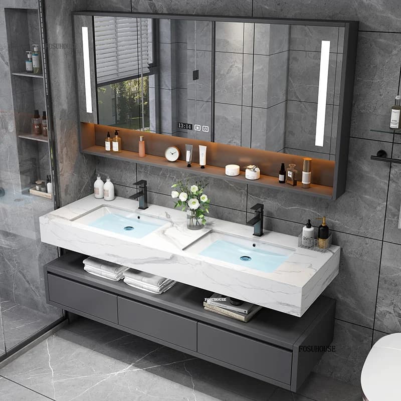 Mobile bagno smart Nordic Rock Plate con doppio lavabo, lusso leggero, in legno massello, combinazione mobiletto bagno