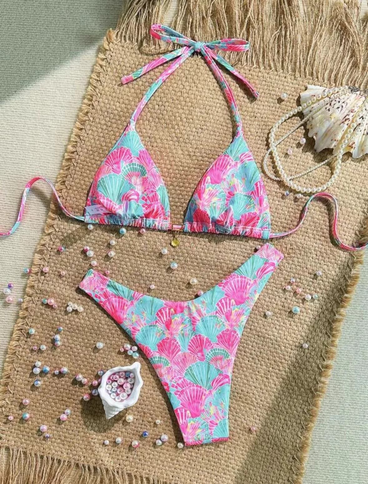 bikini da donna sexy con stampa rosa set due pezzi halter cravatta ciondolo costume da bagno beachwear costume da bagno costumi da bagno biquini trikini