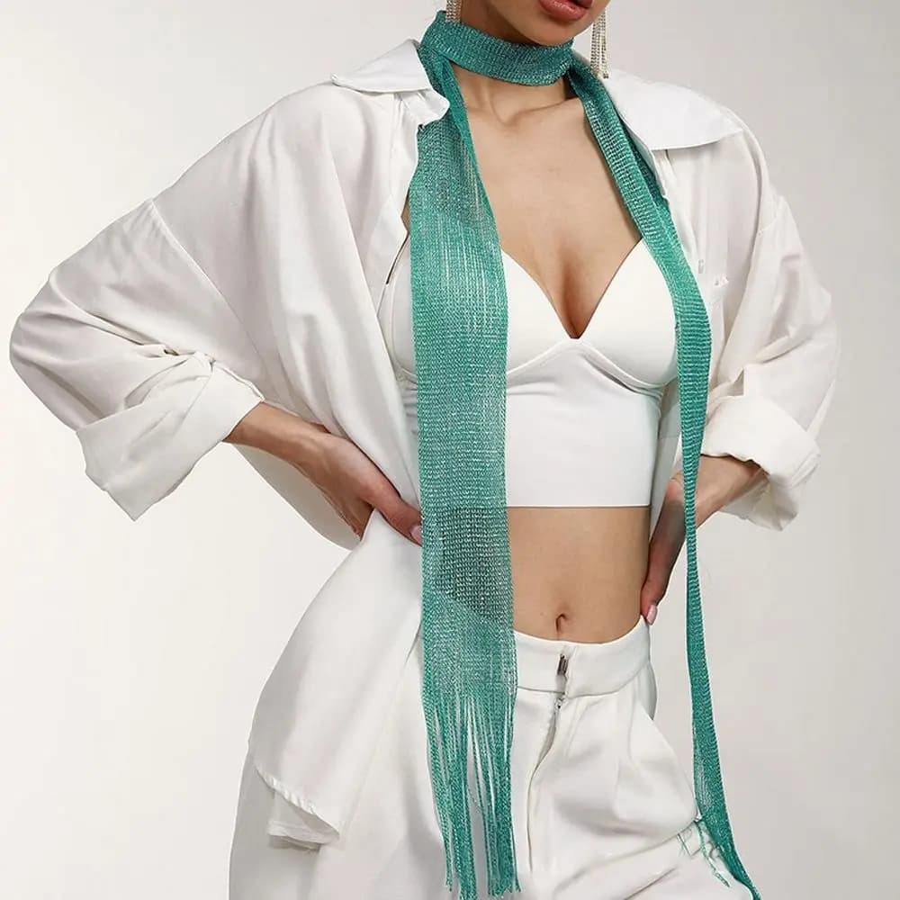 Elegant evening scarf in gold and silver gloss silk with lace tassel, ideal for disco and parties, sun protection for women
