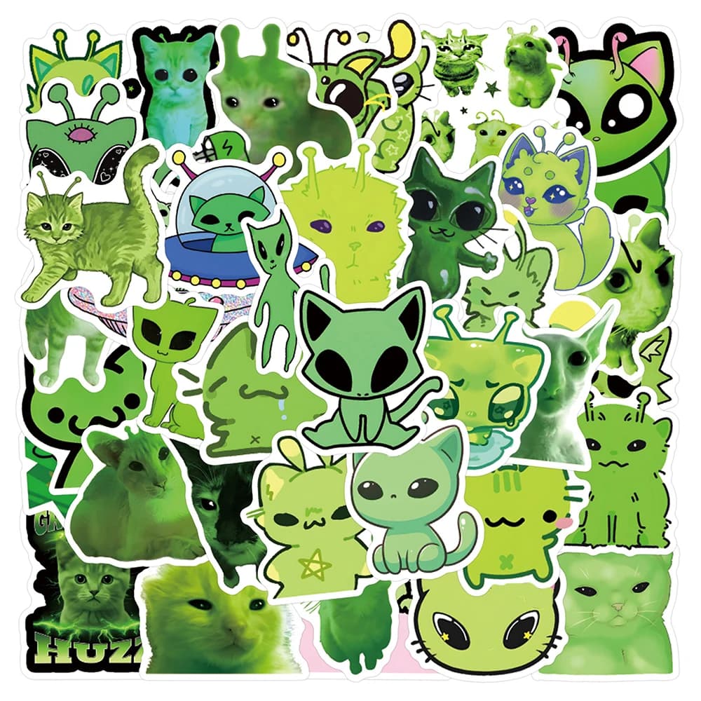 10/30/55pcs Funny Green Alien Cat MEME Stickers Abstract Graffiti Decals DIY Notebook Guitar Stationery Creative Cartoon Sticker