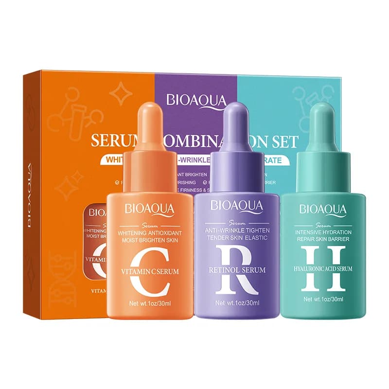 Set of 3 BIOAQUA Sieri with Vitamin C, Retinol and Hyaluronic Acid, Hydrating Viso Antiwrinkles and Whitening, Skin Care Essence