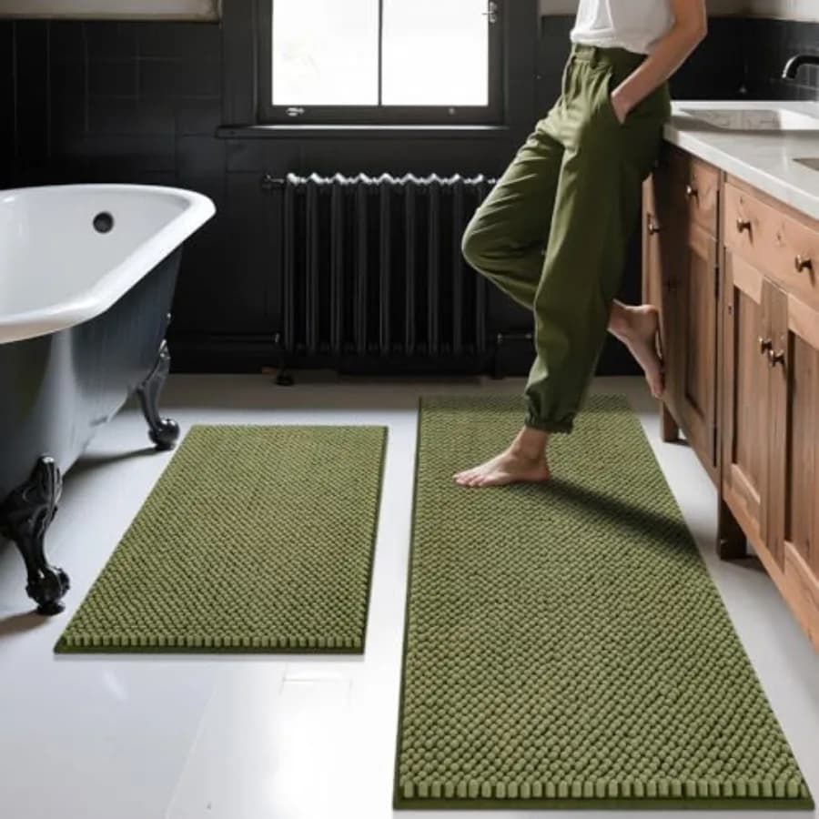 Set di 2 Tappetini da Bagno in Ciniglia - Antiscivolo, Spessi, Morbidi e Assorbenti - Tappeto da Bagno Verde Salvia - Tappetino per Doccia Lavabile in Lavatrice