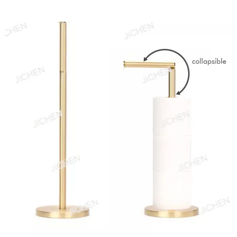 Portarotolo verticale moderno JC in acciaio inossidabile spazzolato color oro, da terra.