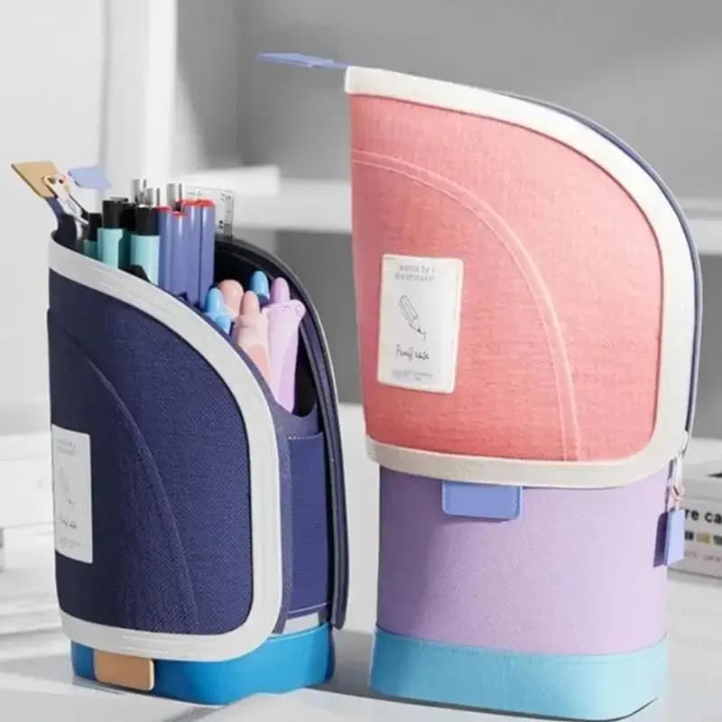 Pencil Bag 2-in-1 Portable Vertical Student Pen Holder Standing Case Retractable Desk Supplies Gift