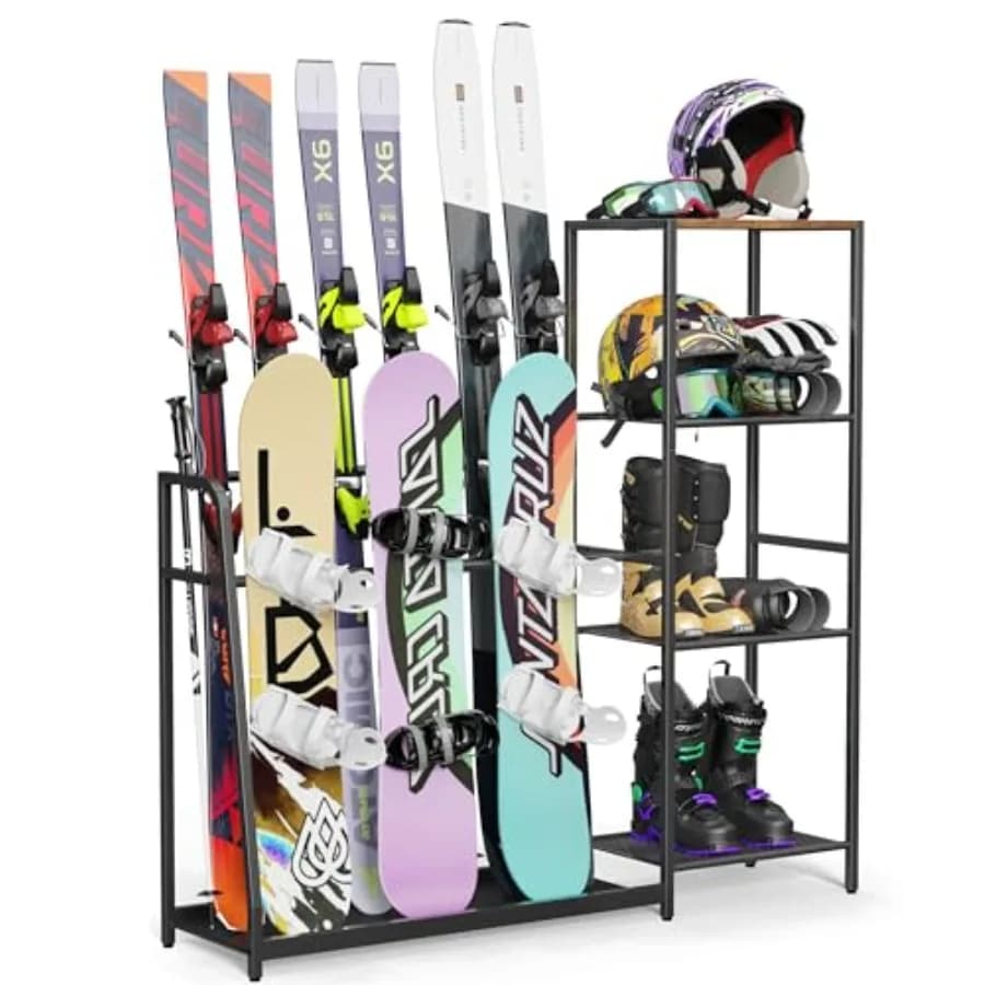 Portasci e Snowboard Autoportante - Supporto per 4 Paia di Sci, 3 Paia di Scarponi da Snowboard, Bastoncini, Occhiali e Casco per Garage, Capanno, Seminterrato