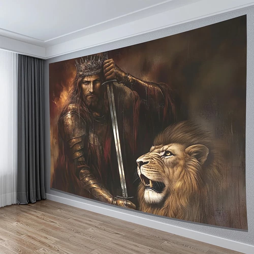 Epic King and Lion Tapestry Wall Hanging Art Regal Warrior Fantasy Medieval Decor Luxury Tapestry Wall Decor for Living Room