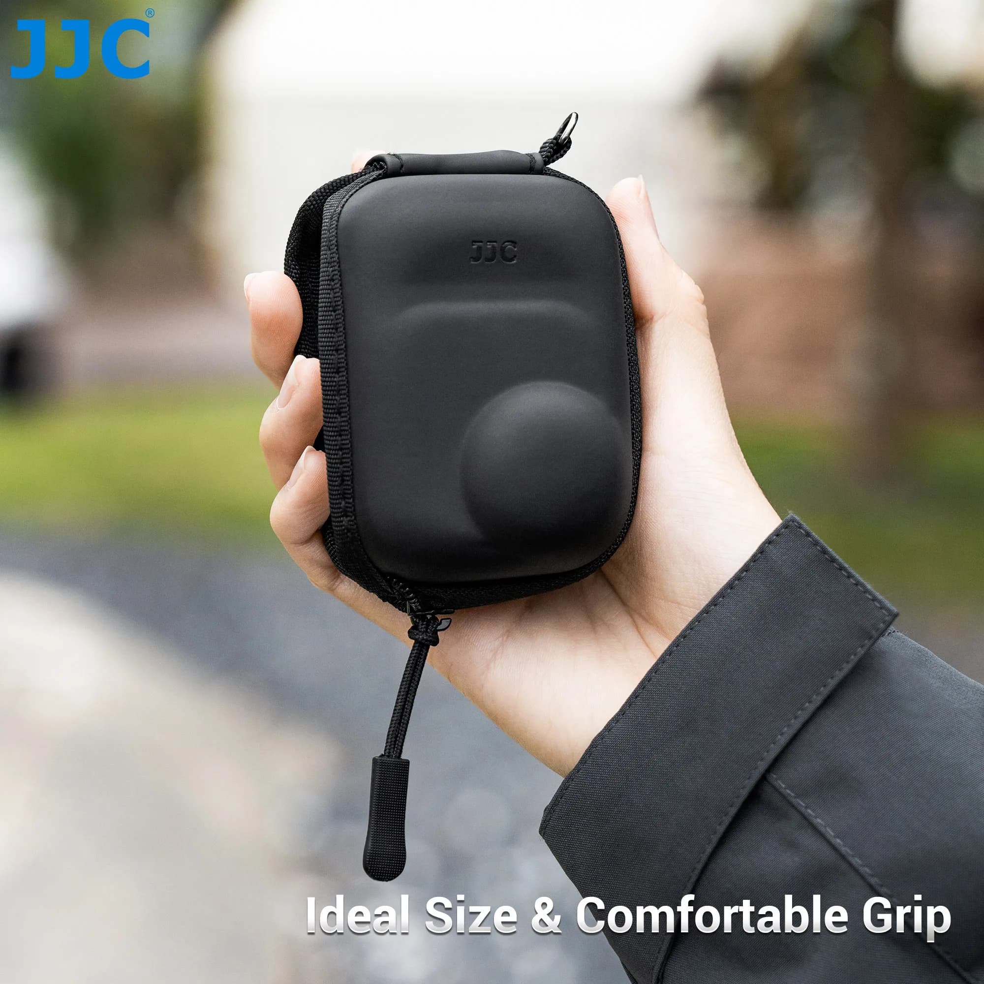 Custodia da trasporto JJC per accessori Insta360 Go Ultra, borsa rigida compatta da viaggio con apertura inferiore, collegabile a treppiede/a stecche.