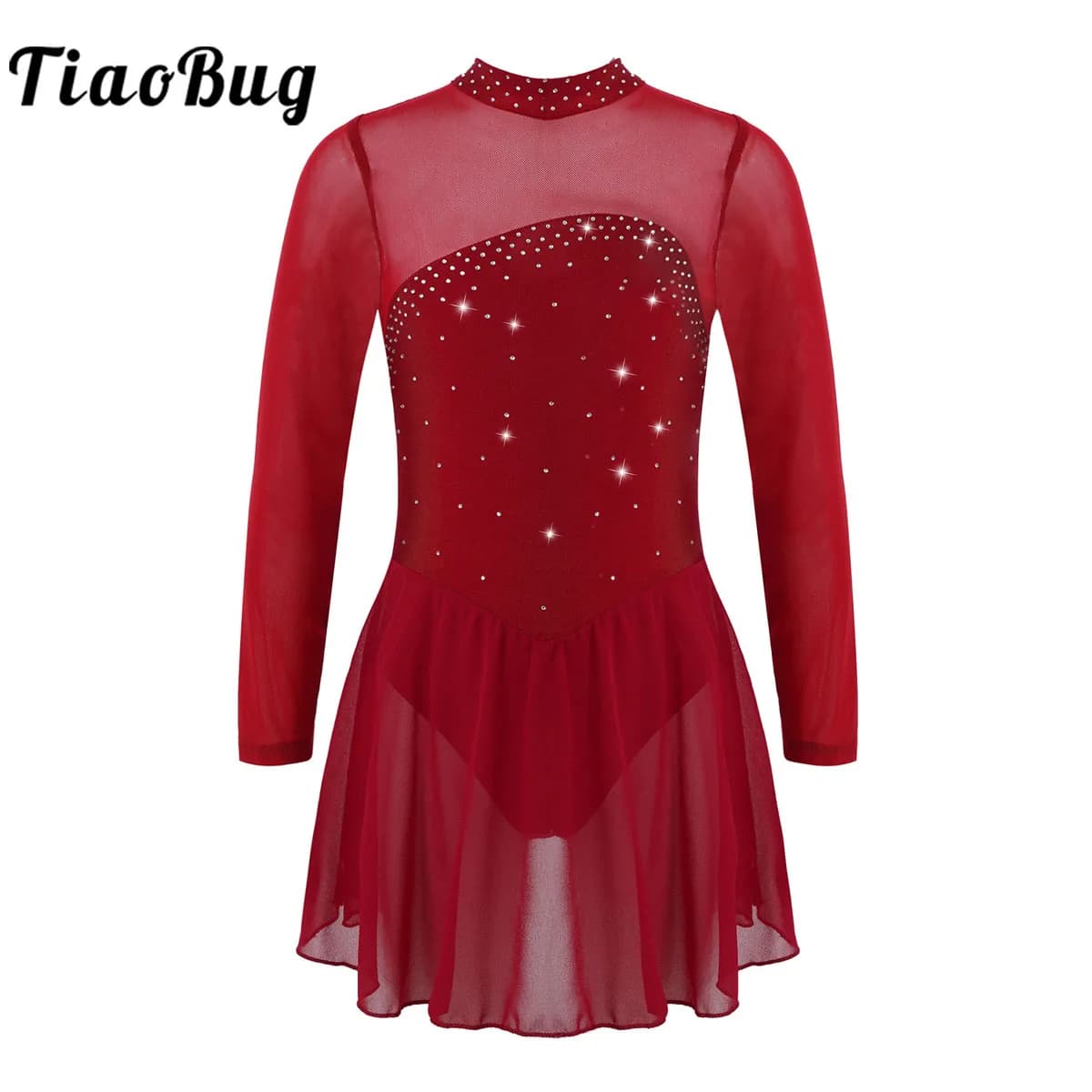 Body da ballo per balletto con strass lucidi per bambina, maniche lunghe, buco della serratura sul retro, body da competizione per pattinaggio su ghiaccio