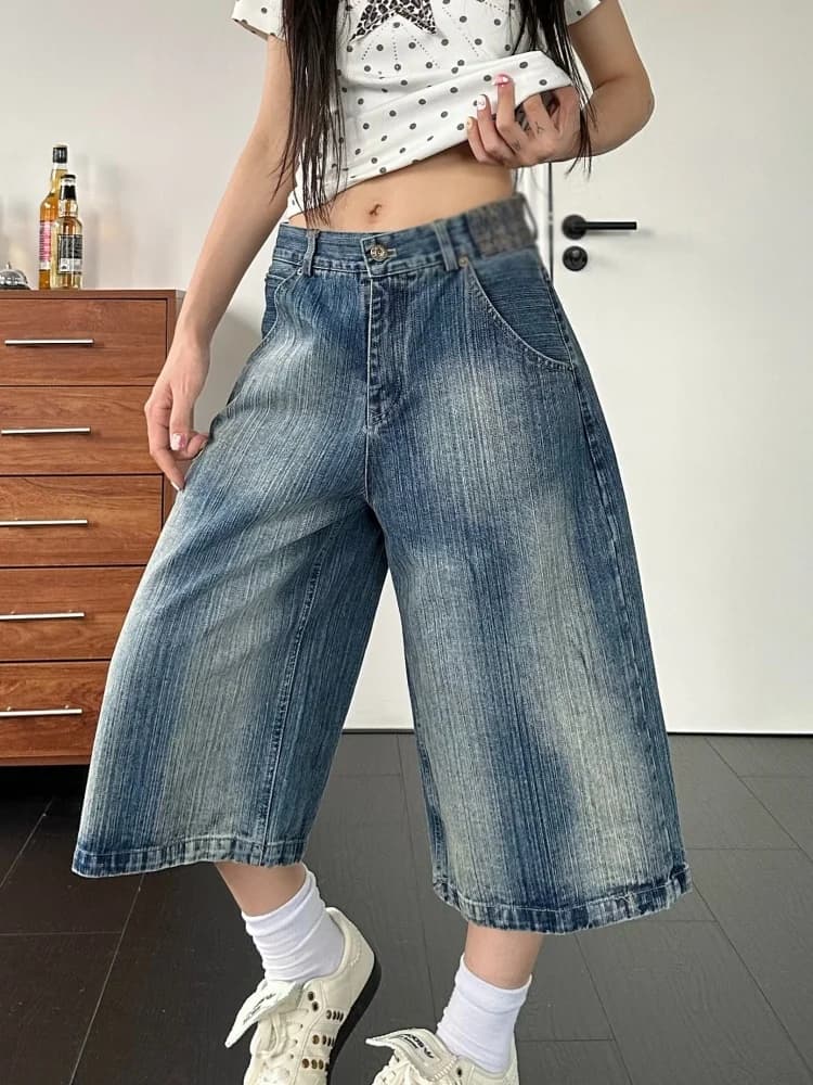Womens High Waist Wide Leg Jeans Bamboo Node Paris Buckle Knee-Length Bootcut Denim Pants Summer New Style Worn-In Design
