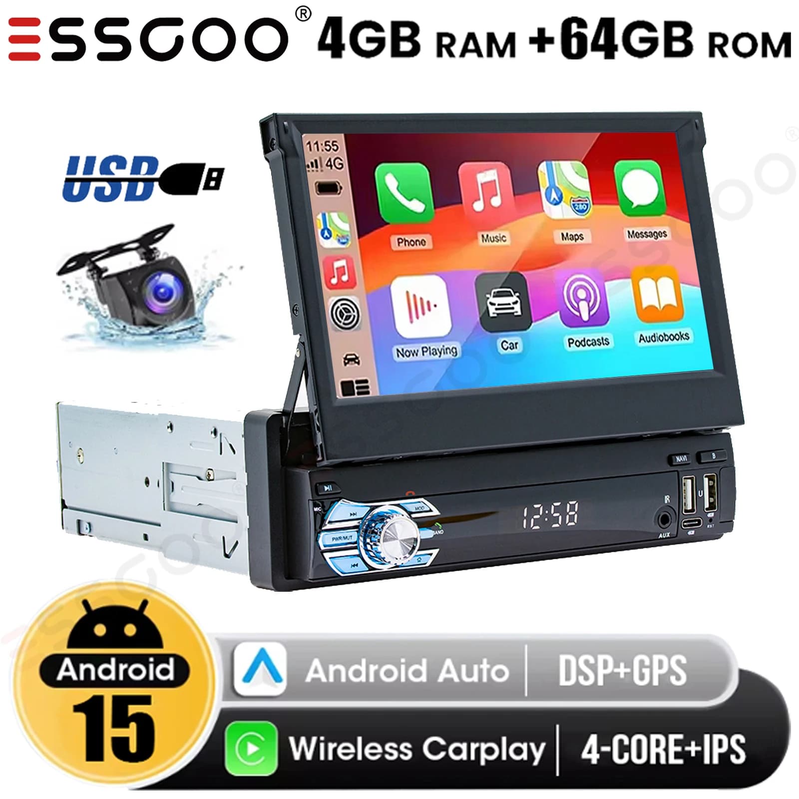 7 "Single 1 DIN Android 15 4 + 64GB Flip Out USB Autoradio Touch Screen Apple Carplay GPS Navi ASP Unità principale WiFi BT + Fotocamera