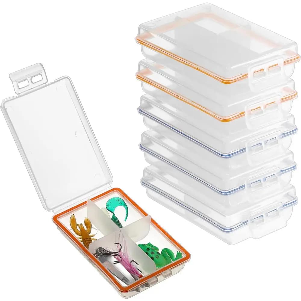 Pack of 6 mini transparent boxes for fishing gear with 4 compartments and partitions to store baits