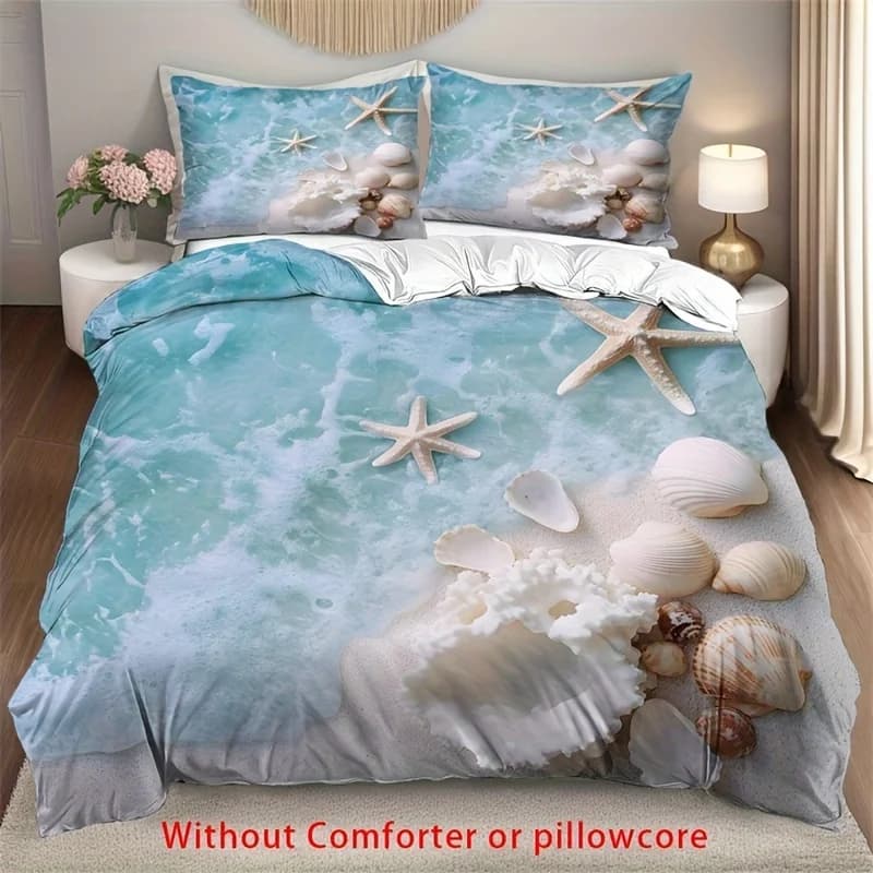 Set copripiumino con stampa a conchiglia Beach Waves 2/3 pezzi (1 copripiumino + 1/2 federa, senza anima), set biancheria da letto a tema Summer Ocean