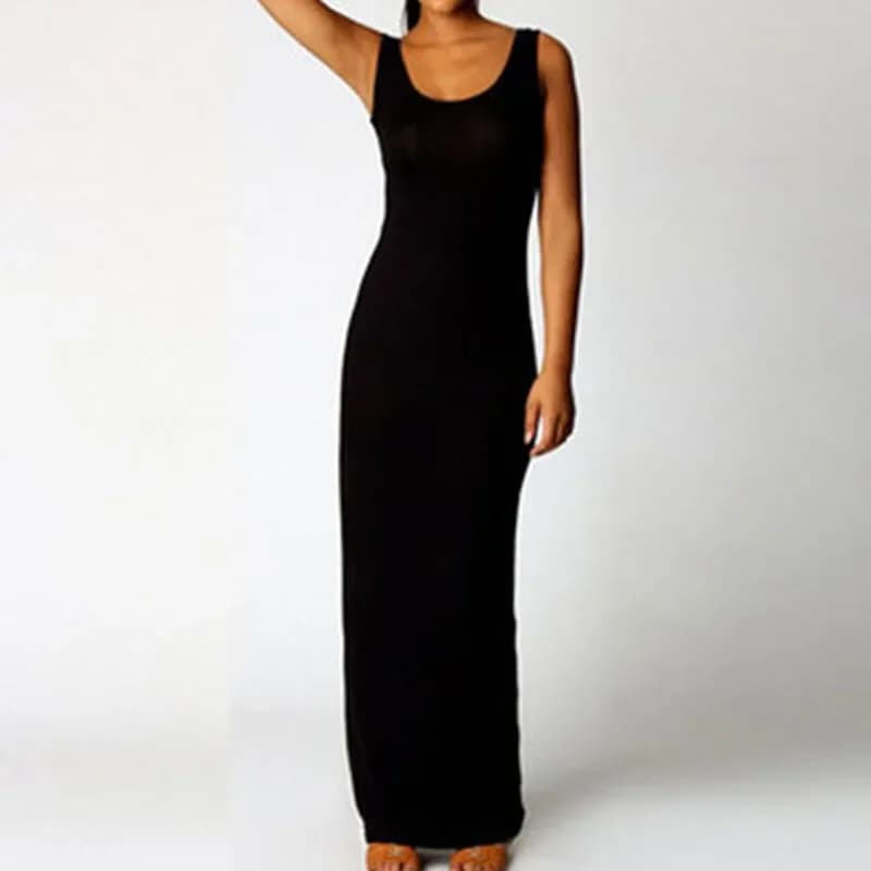 Women's Sleeveless High Elasticity Canoe Summer Dress or Neck Long Dress Solid Woman Slim Beach Maxi Dresses Genuine Dresses