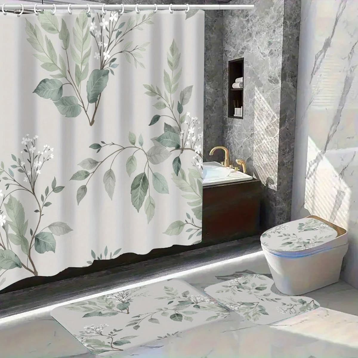 Set tenda da doccia da 4 pezzi. Il elegante set di tende da doccia con stampa a foglie include tappetino da bagno abbinato e copriwater