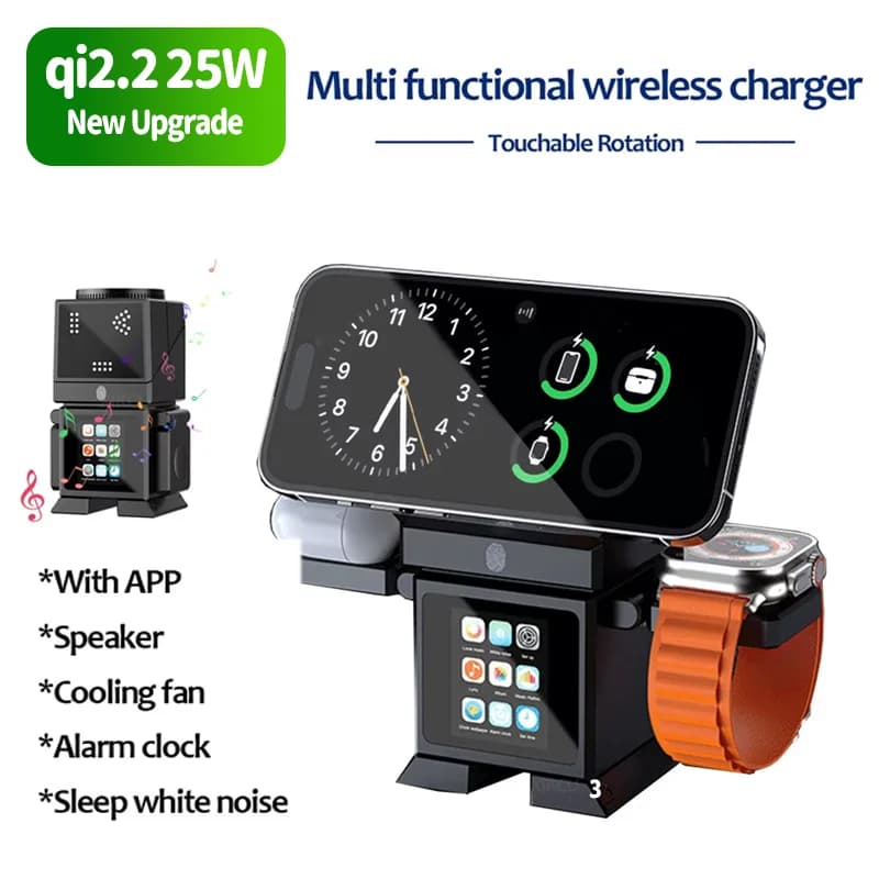 NUOVO Caricatore Wireless Magnetico Qi2.2 da 25W con Raffreddamento ad Aria, Altoparlante Bluetooth/Sveglia/Rotazione Touch per iPhone 17-12 e iWatch