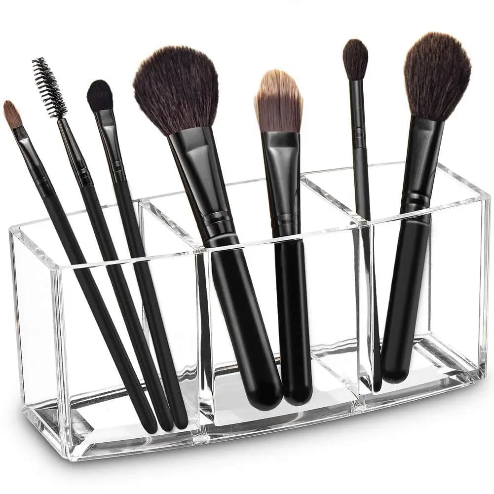 Organizzatore per Pennelli da Trucco in Acrilico Watpot, Porta Pennelli Cosmetici Trasparente con 3 Scomparti