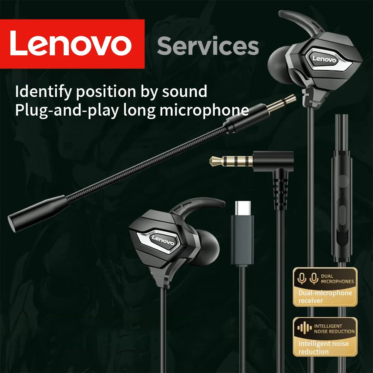 Lenovo In-Ear Gaming Headset Low Latency Anc Double Mic With Noise Cancellation Type-C/3.5Mm Charger for Gamer Tablet PC Game
