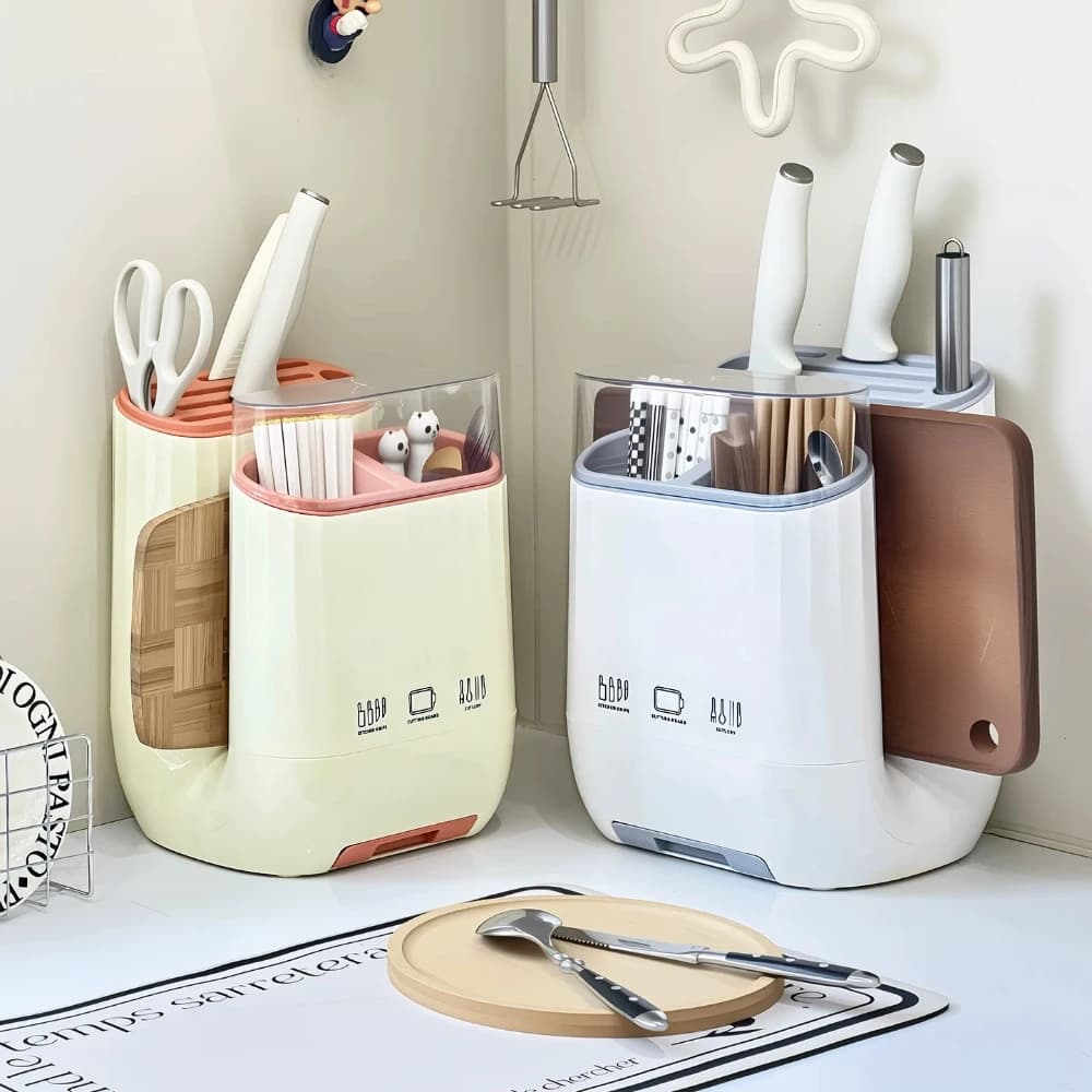 Kitchen Knife Holder with Drainage Tray Chopstick Holder Cutting Board Integrated Knife Holder Countertop Kitchen Accessory
