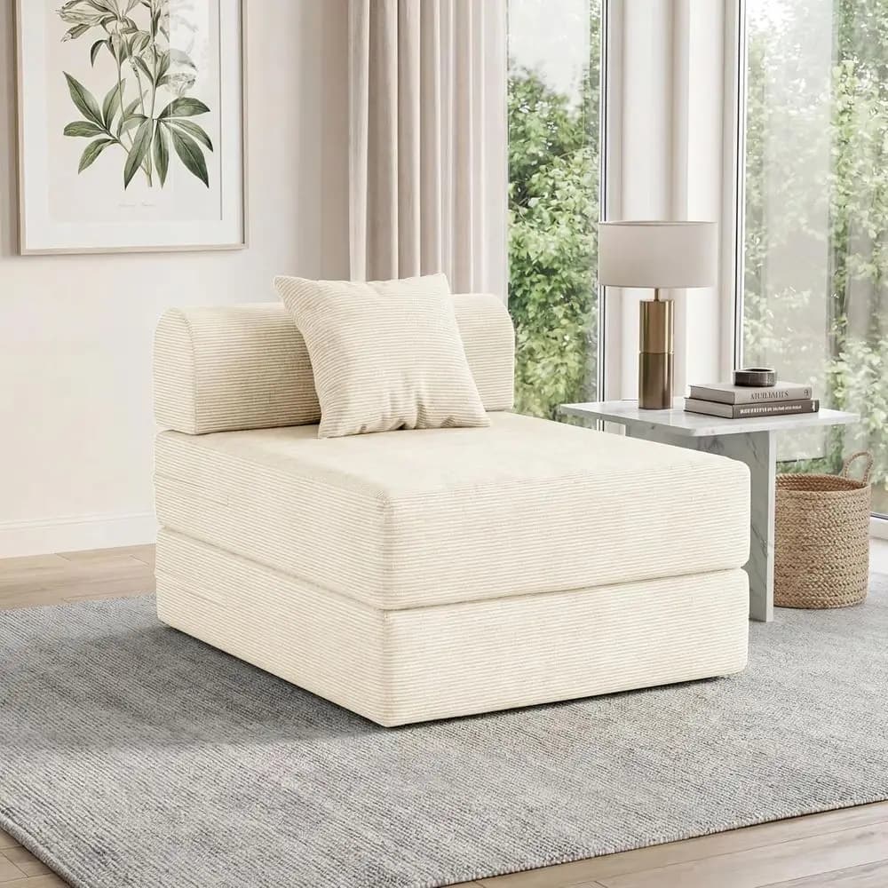 Sofa Bed Convertible to Velvet with pull-out bed, 3-in-1 portable armchair, Including cushion, Beige, Single