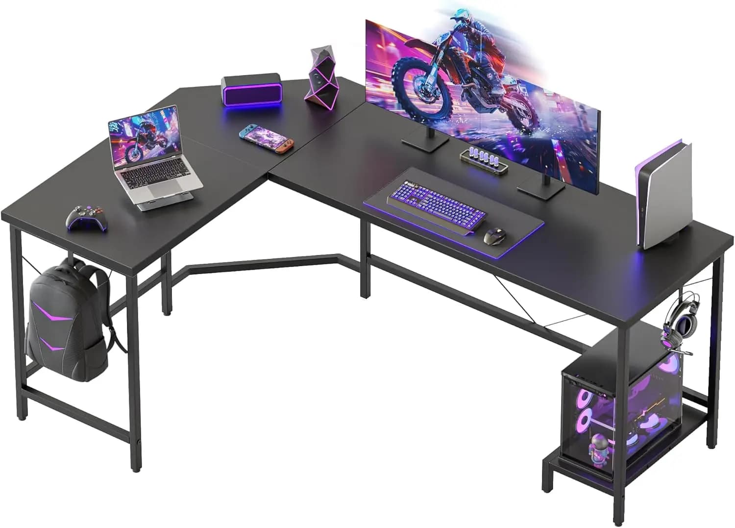 Scrivania da gioco angolare grande a forma di L da 50 pollici con supporto e ganci per CPU, scrivania per computer per spazio di lavoro in camera da letto, ufficio domestico, nero