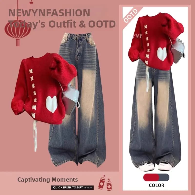 Set Due Pezzi Autunno Inverno per Donna: Maglione Rosso alla Moda e Jeans a Vita Alta Modellanti, Versatile e Versatile con Maniche Lunghe